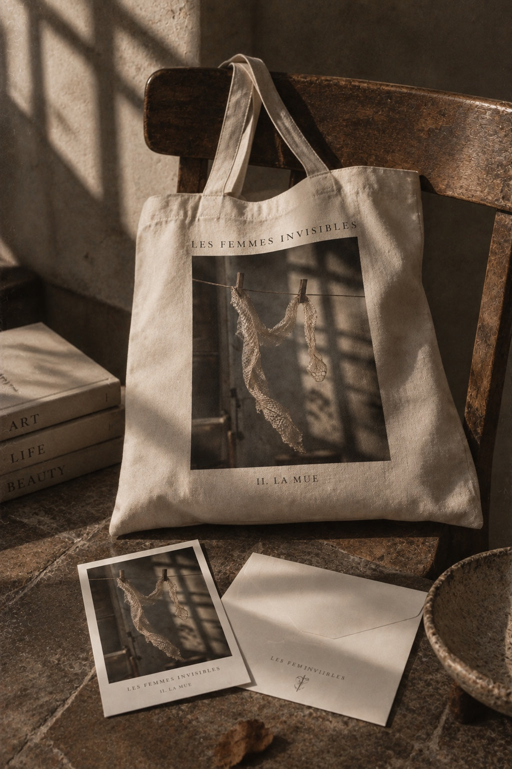 Les Femmes Invisibles II - La Mue, vista editorial en bolsa tote y postal