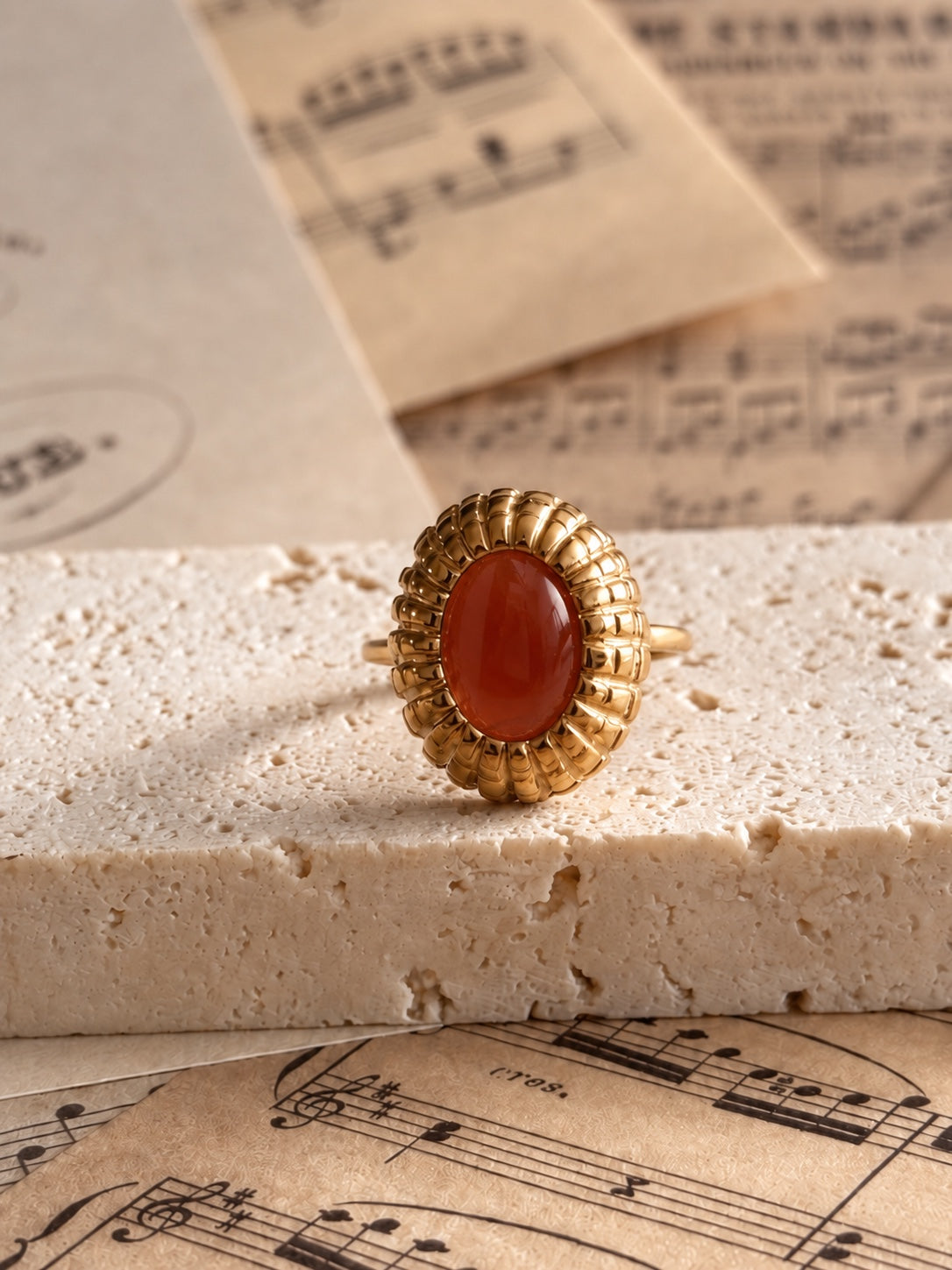 Anillo Esclarmonde con ágata roja, vista frontal sobre piedra y partituras